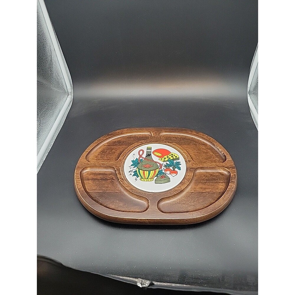 Vtg 1960s 70s Wooden Cheese Snack Tray Charcuterie Board Wine Ceramic Tile Inset